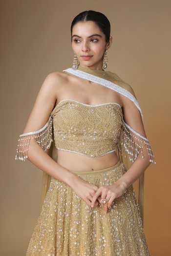 Renee label_Gold Viscose Georgette, Net Sweetheart Neck Embroidered Lehenga Set _Online_at_Aza_Fashions
