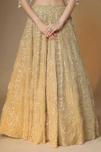 Buy_Renee label_Gold Viscose Georgette, Net Sweetheart Neck Embroidered Lehenga Set _Online_at_Aza_Fashions