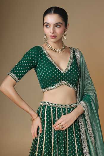 Renee label_Emerald Green Viscose Georgette, Tissue V-neck Banarasi Butti Lehenga Set _Online_at_Aza_Fashions