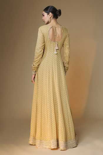 Shop_Renee label_Gold Viscose Georgette, Tissue Round Neck Banarasi Butti Anarkali With Dupatta _at_Aza_Fashions