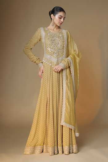 Buy_Renee label_Gold Viscose Georgette, Tissue Round Neck Banarasi Butti Anarkali With Dupatta _at_Aza_Fashions