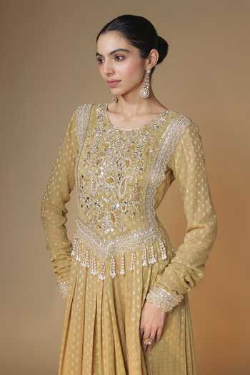 Renee label_Gold Viscose Georgette, Tissue Round Neck Banarasi Butti Anarkali With Dupatta _Online_at_Aza_Fashions