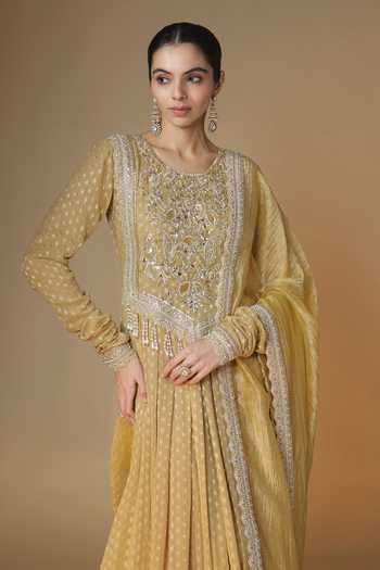 Buy_Renee label_Gold Viscose Georgette, Tissue Round Neck Banarasi Butti Anarkali With Dupatta _Online_at_Aza_Fashions