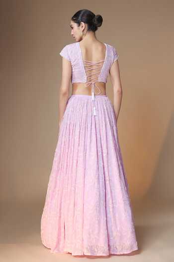 Shop_Renee label_Purple Viscose Georgette, Net Round Neck Floral Embroidered Lehenga Blouse Set _at_Aza_Fashions