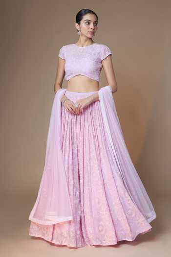 Renee label_Purple Viscose Georgette, Net Round Neck Floral Embroidered Lehenga Blouse Set _Online_at_Aza_Fashions