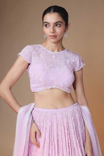 Buy_Renee label_Purple Viscose Georgette, Net Round Neck Floral Embroidered Lehenga Blouse Set _Online_at_Aza_Fashions