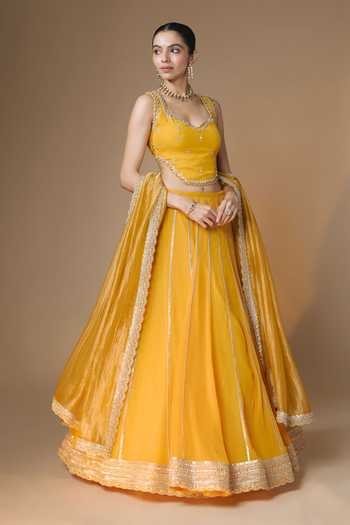 Renee label_Yellow Viscose Georgette, Tissue Embroidery, Sunset Corset Lehenga Set _Online_at_Aza_Fashions