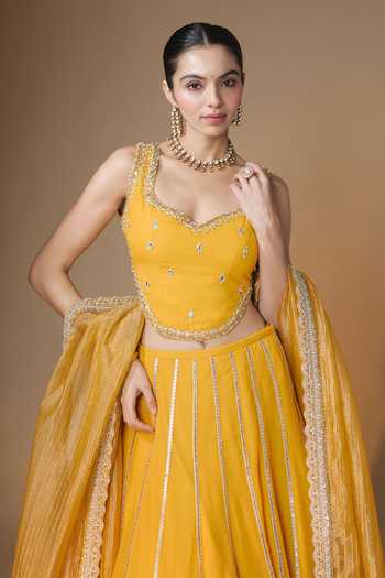 Buy_Renee label_Yellow Viscose Georgette, Tissue Embroidery, Sunset Corset Lehenga Set _Online_at_Aza_Fashions
