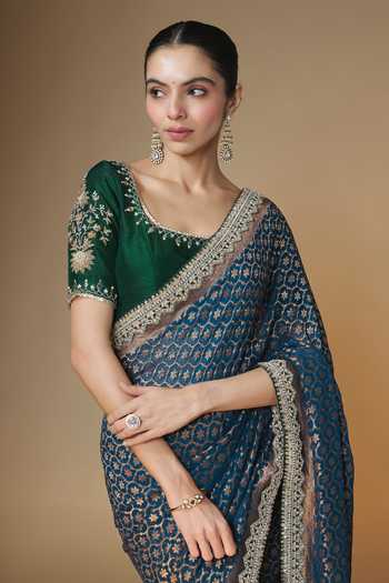 Renee label_Blue Georgette, Silk Round Neck Woven Saree With Embroidered Blouse _Online_at_Aza_Fashions