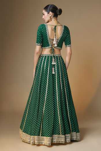 Shop_Renee label_Emerald Green Viscose Georgette, Tissue V-neck Banarasi Butti Lehenga Set _at_Aza_Fashions