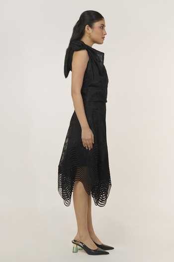 Buy_9899_Black Cotton, Leather One Shoulder Lace Dress _Online_at_Aza_Fashions