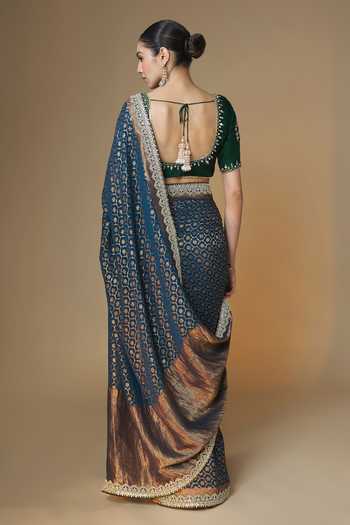 Shop_Renee label_Blue Georgette, Silk Round Neck Woven Saree With Embroidered Blouse _at_Aza_Fashions