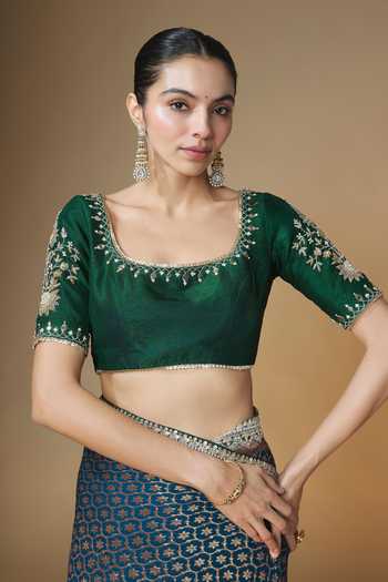 Buy_Renee label_Blue Georgette, Silk Round Neck Woven Saree With Embroidered Blouse _Online_at_Aza_Fashions