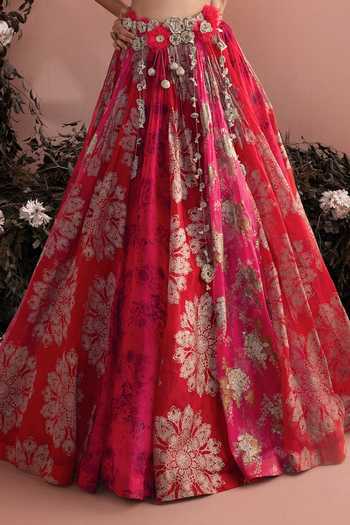 Buy_Bhumika Sharma_Red Organza Plunge Neck Eda Printed Lehenga Set _Online_at_Aza_Fashions