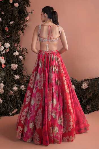 Shop_Bhumika Sharma_Red Organza Plunge Neck Eda Printed Lehenga Set _at_Aza_Fashions