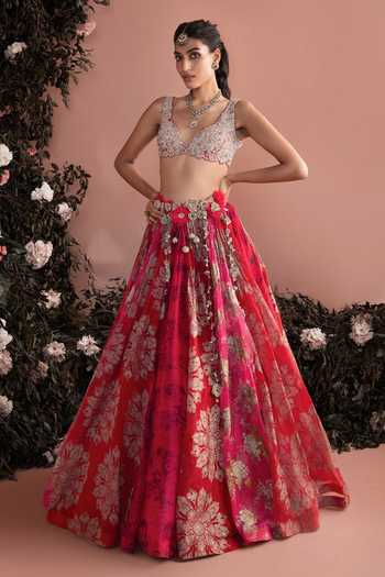 Buy_Bhumika Sharma_Red Organza Plunge Neck Eda Printed Lehenga Set _at_Aza_Fashions