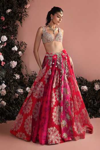 Shop_Bhumika Sharma_Red Organza Plunge Neck Eda Printed Lehenga Set _Online_at_Aza_Fashions