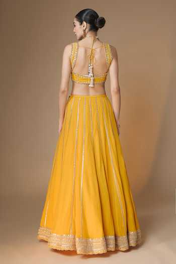 Shop_Renee label_Yellow Viscose Georgette, Tissue Embroidery, Sunset Corset Lehenga Set _at_Aza_Fashions