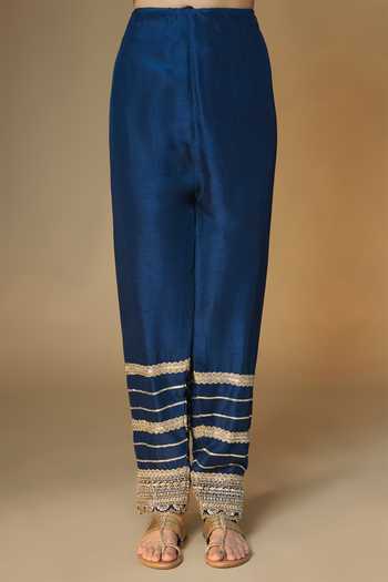 Buy_Renee label_Blue Silk, Dupion, Tissue V-neck Midnight Choga Kurta Salwar Set _Online_at_Aza_Fashions