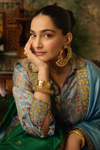 Punit Balana_Blue Silk, Satin Button-down Neck Noor Bagh Print Shirt And Pre-draped Lungi Set _Online_at_Aza_Fashions