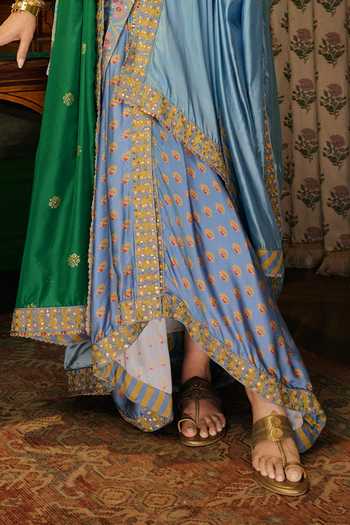Buy_Punit Balana_Blue Silk, Satin Button-down Neck Noor Bagh Print Shirt And Pre-draped Lungi Set _Online_at_Aza_Fashions