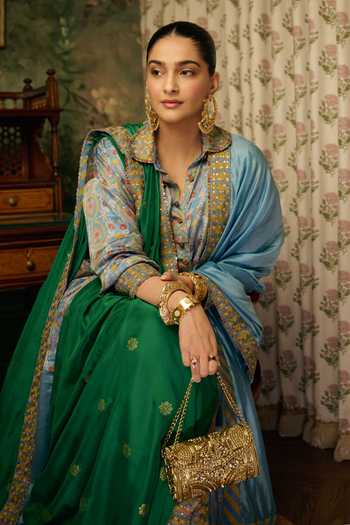 Shop_Punit Balana_Blue Silk, Satin Button-down Neck Noor Bagh Print Shirt And Pre-draped Lungi Set _Online_at_Aza_Fashions