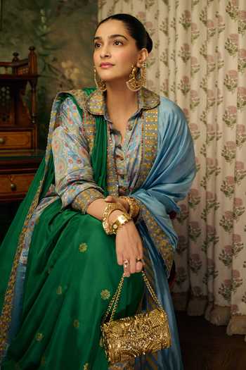 Punit Balana_Blue Silk, Satin Button-down Neck Noor Bagh Print Shirt And Pre-draped Lungi Set _at_Aza_Fashions
