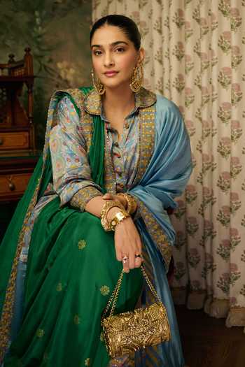 Buy_Punit Balana_Blue Silk, Satin Button-down Neck Noor Bagh Print Shirt And Pre-draped Lungi Set 