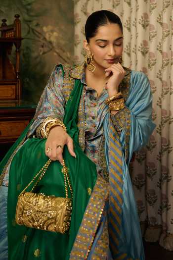 Shop_Punit Balana_Blue Silk, Satin Button-down Neck Noor Bagh Print Shirt And Pre-draped Lungi Set 