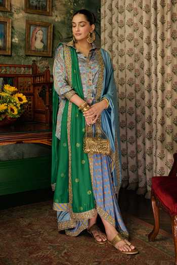 Shop_Punit Balana_Blue Silk, Satin Button-down Neck Noor Bagh Print Shirt And Pre-draped Lungi Set _at_Aza_Fashions