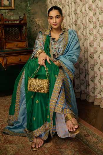 Punit Balana_Blue Silk, Satin Button-down Neck Noor Bagh Print Shirt And Pre-draped Lungi Set _Online