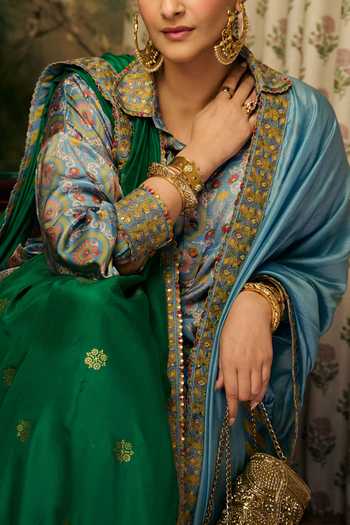 Buy_Punit Balana_Blue Silk, Satin Button-down Neck Noor Bagh Print Shirt And Pre-draped Lungi Set _Online