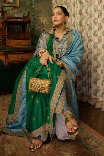 Shop_Punit Balana_Blue Silk, Satin Button-down Neck Noor Bagh Print Shirt And Pre-draped Lungi Set _Online