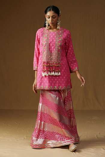 Shop_Arpita Sulakshana_Pink Georgette, Lurex Boat Neck, Yes Rasika Gulabi Embroidered Sharara Set _at_Aza_Fashions