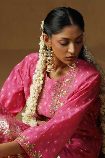 Buy_Arpita Sulakshana_Pink Georgette, Lurex Boat Neck, Yes Rasika Gulabi Embroidered Sharara Set _Online_at_Aza_Fashions