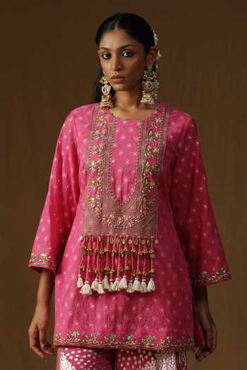 Shop_Arpita Sulakshana_Pink Georgette, Lurex Boat Neck, Yes Rasika Gulabi Embroidered Sharara Set _Online_at_Aza_Fashions