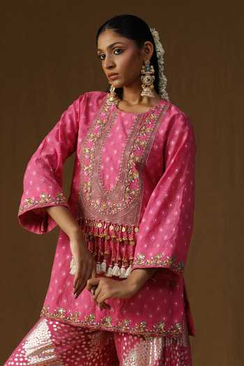 Arpita Sulakshana_Pink Georgette, Lurex Boat Neck, Yes Rasika Gulabi Embroidered Sharara Set _at_Aza_Fashions