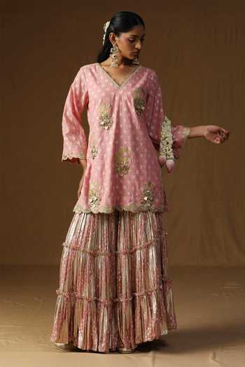 Shop_Arpita Sulakshana_Pink Georgette, Lurex, Organza V-neck, Yes Gulaal Embroidered Kurta Sharara Set _at_Aza_Fashions