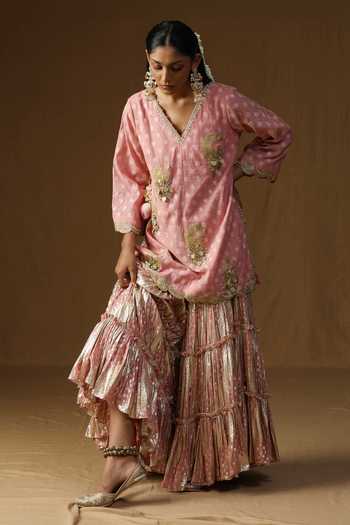 Shop_Arpita Sulakshana_Pink Georgette, Lurex, Organza V-neck, Yes Gulaal Embroidered Kurta Sharara Set _Online_at_Aza_Fashions