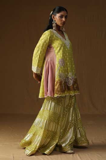 Shop_Arpita Sulakshana_Lime Georgette, Lurex V-neck Noor Gul Embroidered Kurta Sharara Set _at_Aza_Fashions