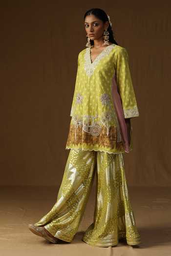 Shop_Arpita Sulakshana_Lime Georgette, Lurex V-neck Noor Gul Embroidered Kurta Sharara Set _Online_at_Aza_Fashions