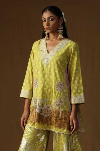 Arpita Sulakshana_Lime Georgette, Lurex V-neck Noor Gul Embroidered Kurta Sharara Set _at_Aza_Fashions