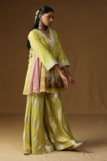 Buy_Arpita Sulakshana_Lime Georgette, Lurex V-neck Noor Gul Embroidered Kurta Sharara Set 