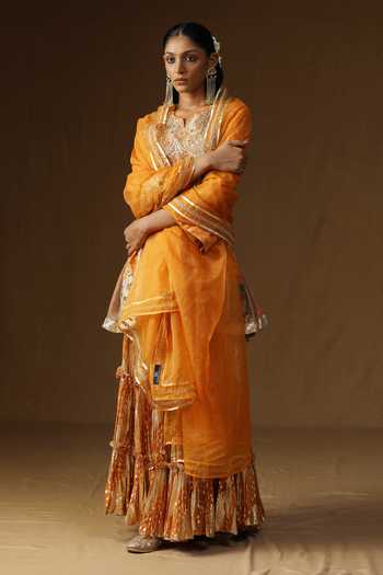 Arpita Sulakshana_Orange Georgette, Lurex Round Neck, Yes Rasika Kesari Embroidered Sharara Set _Online_at_Aza_Fashions