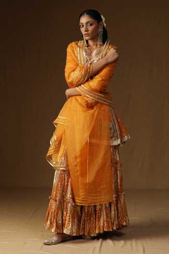 Buy_Arpita Sulakshana_Orange Georgette, Lurex Round Neck, Yes Rasika Kesari Embroidered Sharara Set _Online_at_Aza_Fashions
