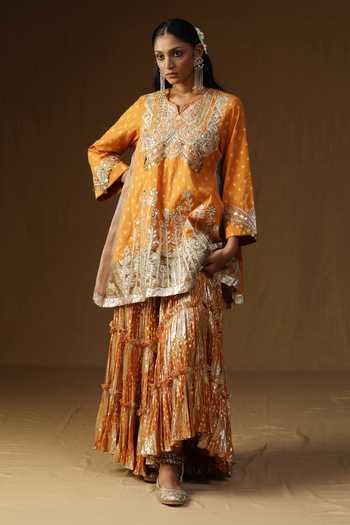 Shop_Arpita Sulakshana_Orange Georgette, Lurex Round Neck, Yes Rasika Kesari Embroidered Sharara Set _at_Aza_Fashions