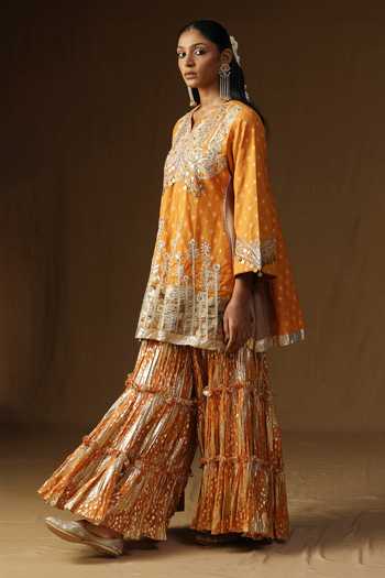 Shop_Arpita Sulakshana_Orange Georgette, Lurex Round Neck, Yes Rasika Kesari Embroidered Sharara Set _Online_at_Aza_Fashions