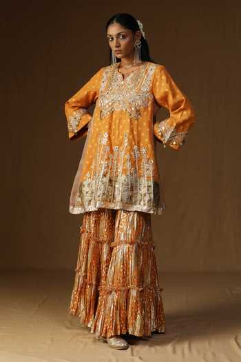 Arpita Sulakshana_Orange Georgette, Lurex Round Neck, Yes Rasika Kesari Embroidered Sharara Set _at_Aza_Fashions