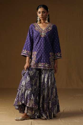 Arpita Sulakshana_Purple Georgette, Lurex, Crepe Noorika Neel Kusum Embroidered Sharara Set _Online_at_Aza_Fashions
