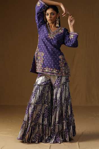 Buy_Arpita Sulakshana_Purple Georgette, Lurex, Crepe Noorika Neel Kusum Embroidered Sharara Set _Online_at_Aza_Fashions